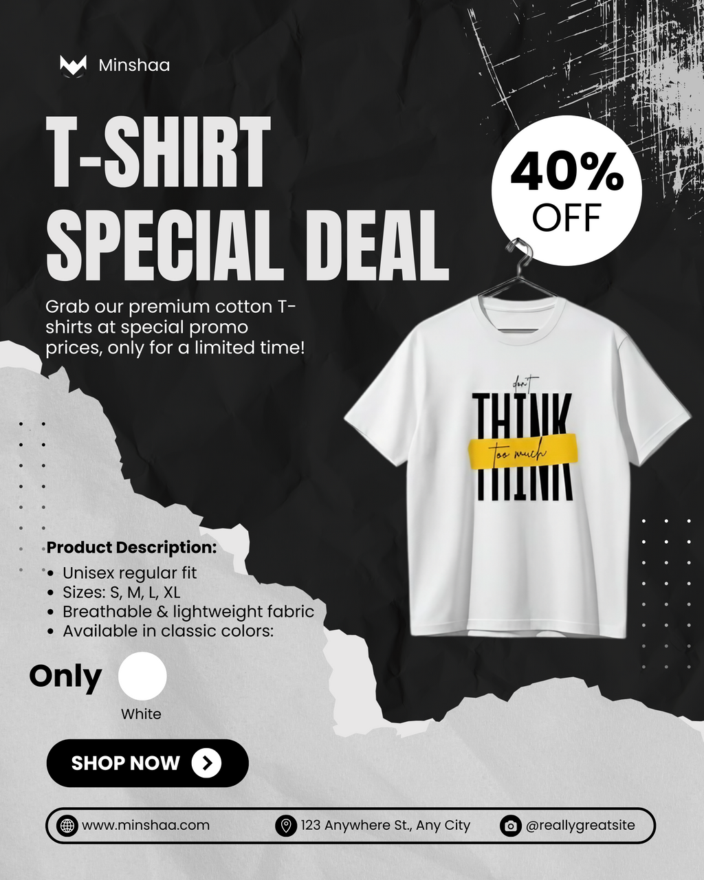 Don’t Think Too Much – White Casual Graphic T-Shirt | 40% Off Now ₹799